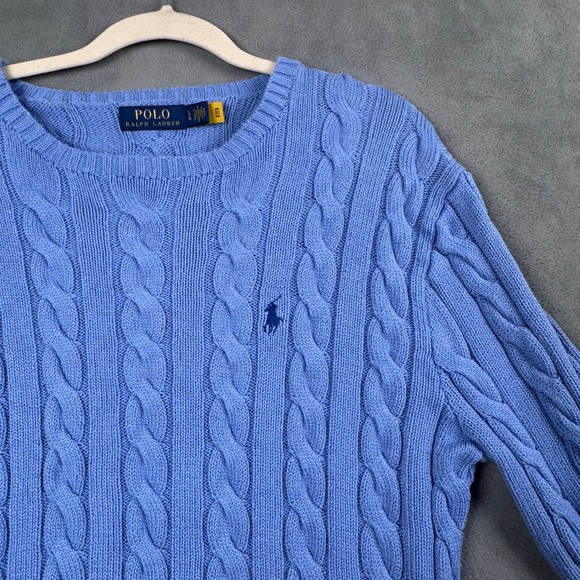 Polo Ralph Lauren Sweaters - Polo Ralph Lauren Womens Cable Knit Crewneck Sweater Blue Embroidered Pony Large